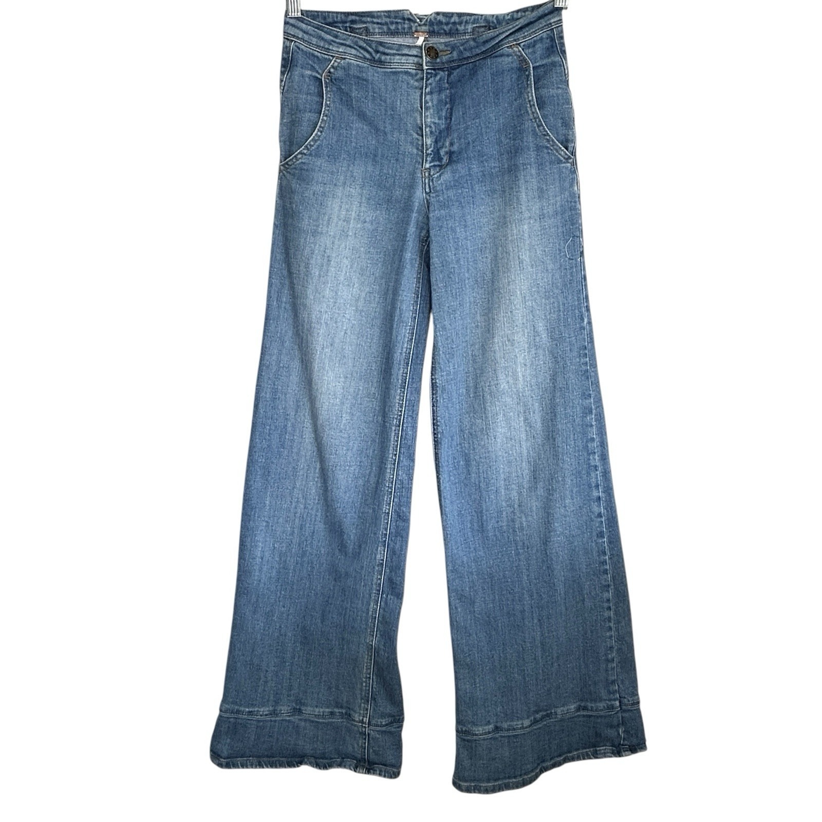 Free People Buckle Back Sailor Wide Leg Jeans 24 Boho Indie Retro Nautical Prepp